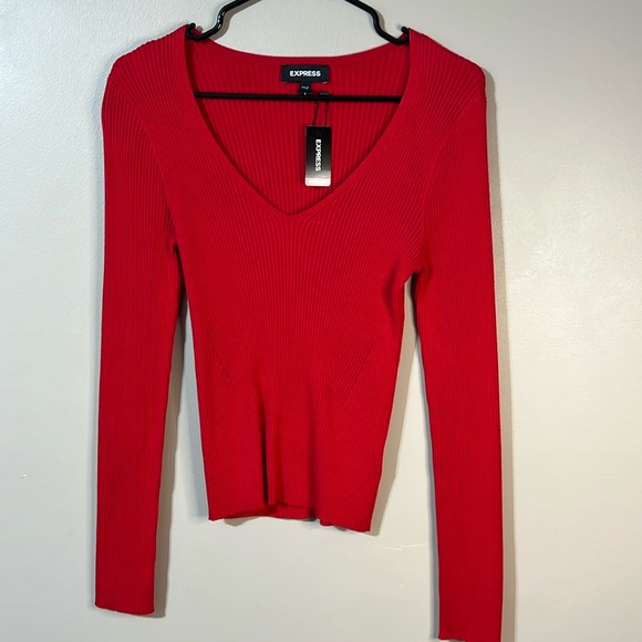 Express Sweaters - New Express red v neck ribbed sweater size small